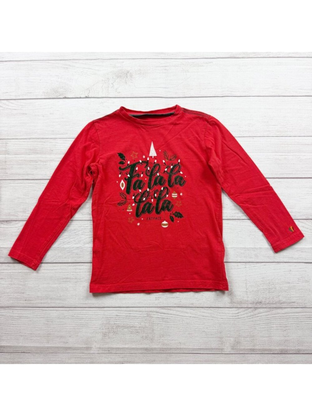 Fatface Kids Red Fa La La Long Sleeve Shirt Size Crew Neck Print Christmas 7-8